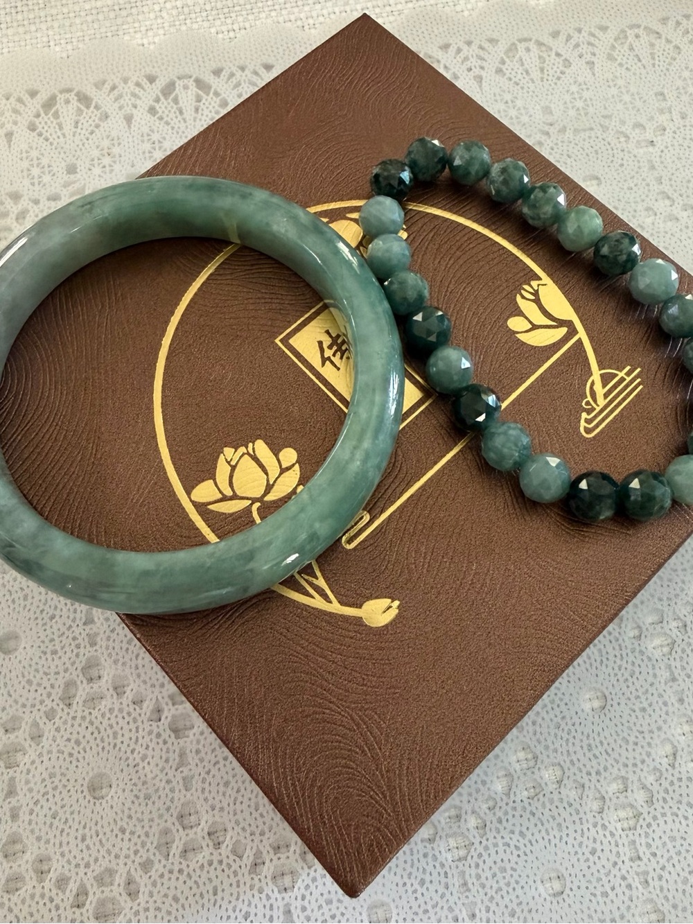 Green Jade Bangle and Beaded Bracelet Set - Elegant Women's Jewelry